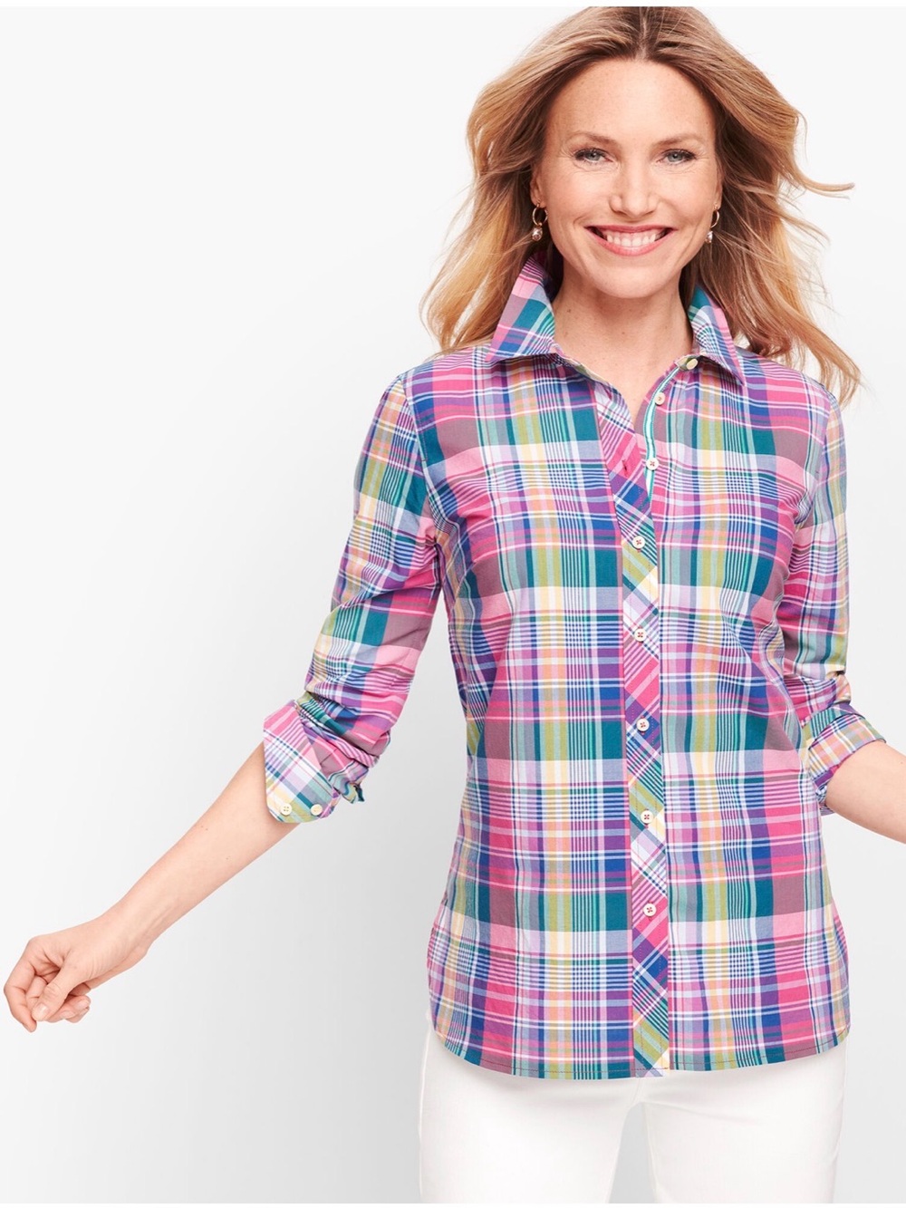 Talbots XL Classic Madras 100% Cotton Button Down Shirt Preppy Classic Pastel
